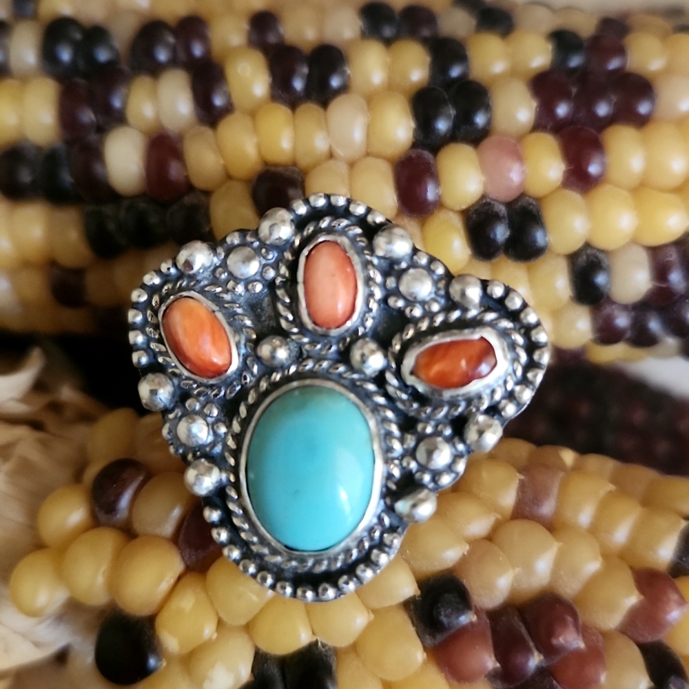 NWT Native American Handmade Kingman & Red Spiny Oyster Cactus Ring 💍♥️🌵